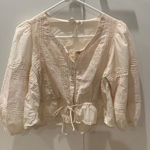 Joie pale pink embroidered cotton blouse with button and adjustable tie detail